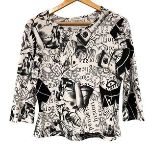 Classic Design 90s Y2K Graffiti Print 3/4th Sleeve Black & White Top Med Street